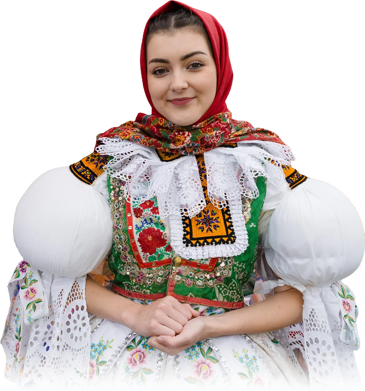 Dívka v kroji s nabíranými rukávy