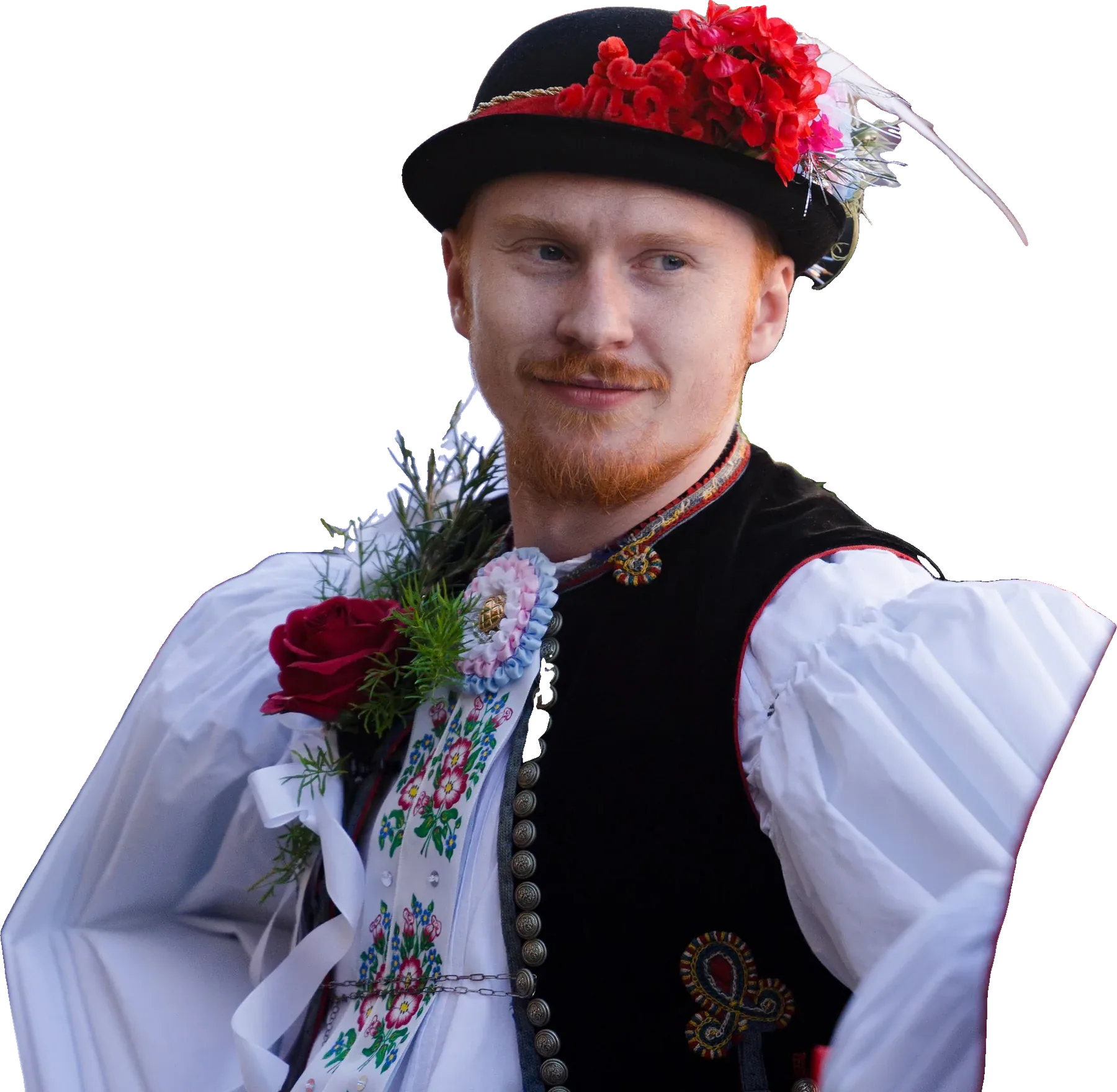 Mladý stárek v klobouku s péřím a růžemi