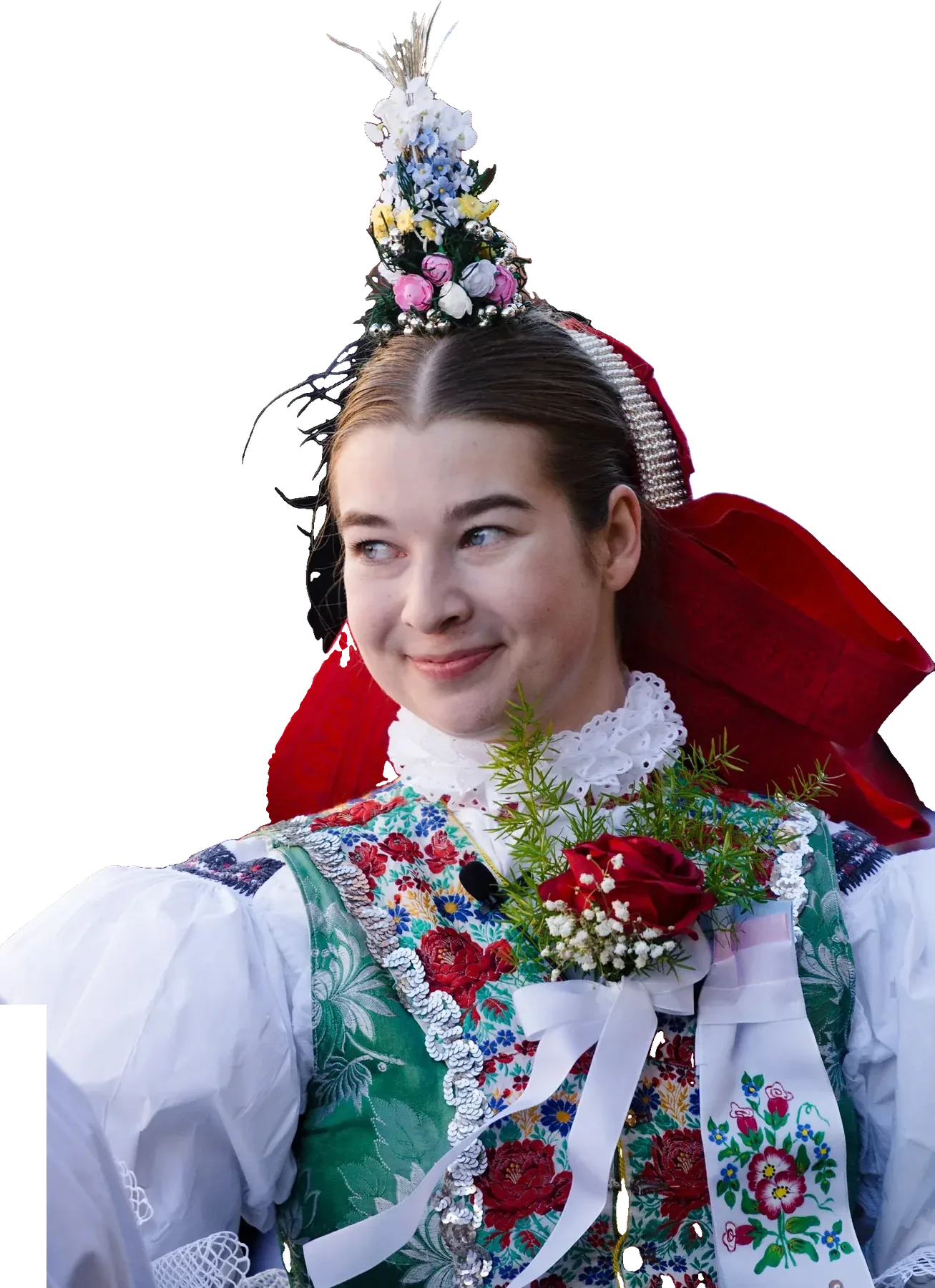 Mladá stárka s vysokým zdobeným čepcem